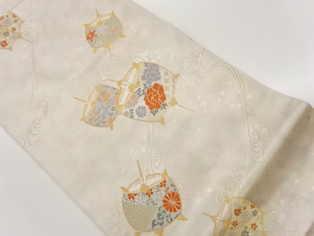 糸巻き・花葉に荒波模様織出し名古屋帯